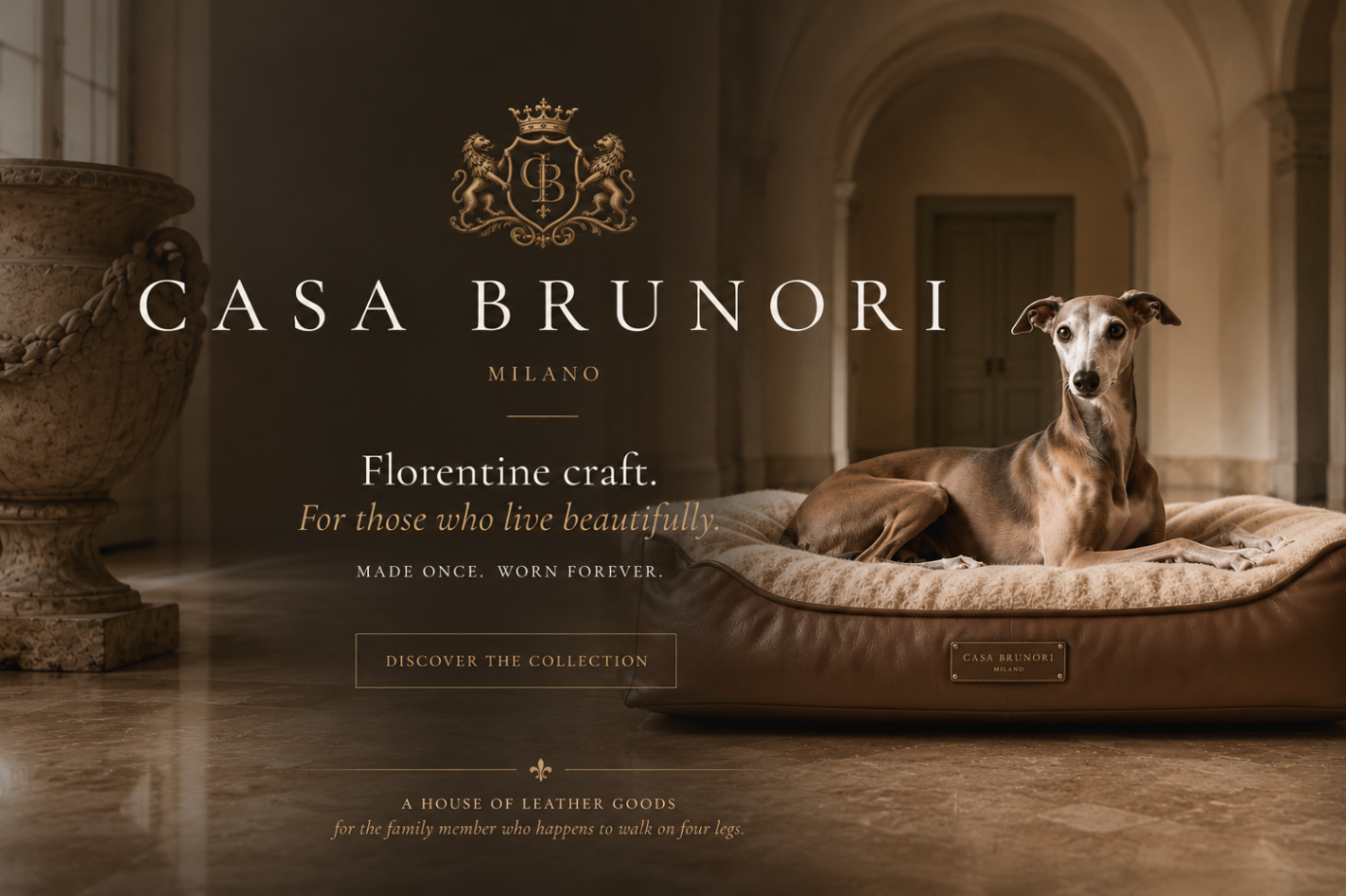 Casa Brunori, Milano — Florentine craft. For those who live beautifully. An Italian greyhound resting on a cognac leather Casa Brunori bed.